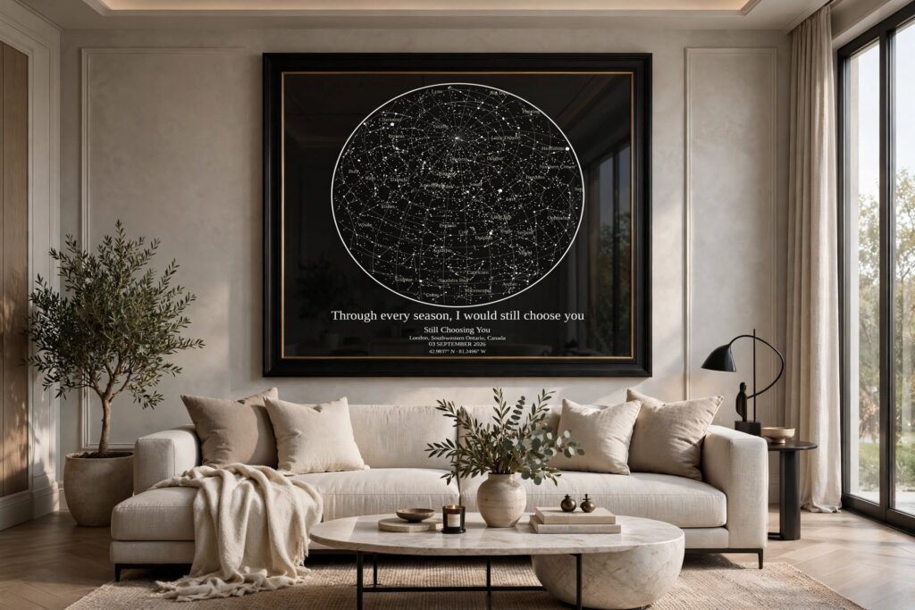 Elegant framed artwork displayed in a warm home interior