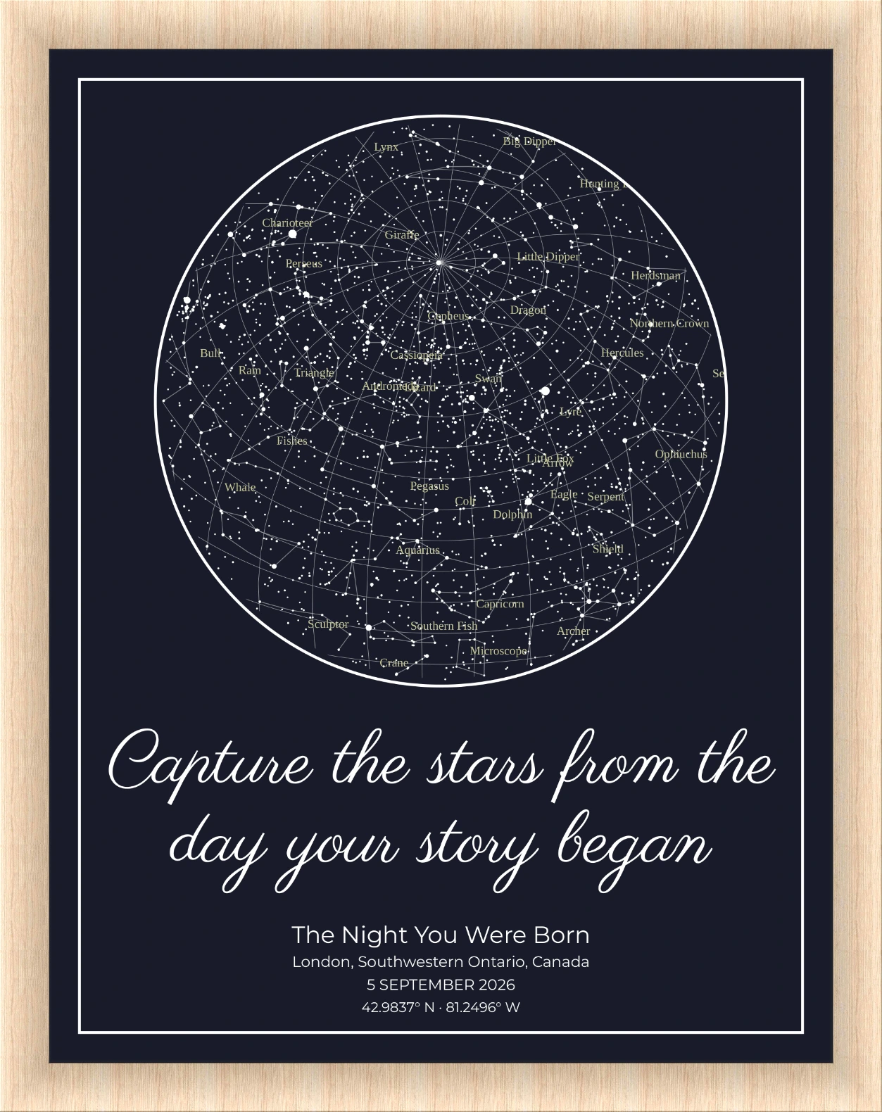 Personalized anniversary star map with date and location